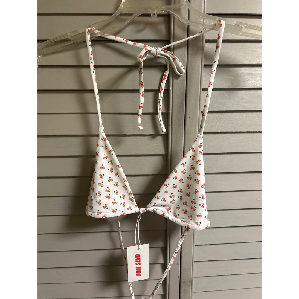 Full Send Cherry Print Bikini Triangle Top‎ Tie String Swimsuit White L